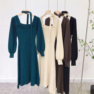 Long-sleeve Square-neck Knit A-line Dress