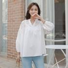 Open-placket Eyelet-lace Shirred Blouse