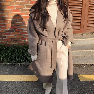 Collarless Open-front Wool Blend Coat With Sash