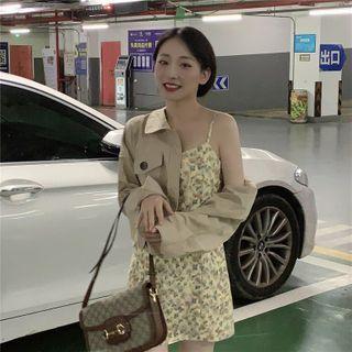 Cargo Shirt Jacket / Spaghetti Strap Floral Print Mini A-line Dress