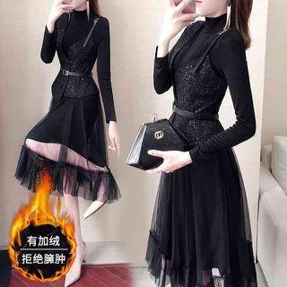 Set: Asymmetric Sequined Vest + Belt + Mock-turtleneck A-line Knit Dress
