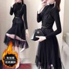 Set: Asymmetric Sequined Vest + Belt + Mock-turtleneck A-line Knit Dress