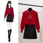 Tie Neck Sweater / Faux-leather A-line Skirt / Set