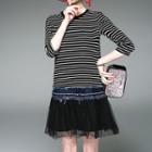 Stripe 3/4-sleeve Tulle Dress