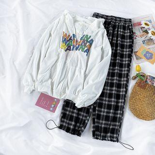 Lettering Print Zip-up Hoodie / Plaid Drawstring-cuff Pants