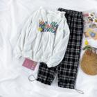 Lettering Print Zip-up Hoodie / Plaid Drawstring-cuff Pants
