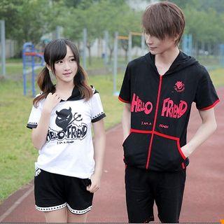 Set: Short-sleeve Printed Couple Matching Top + Printed Shorts