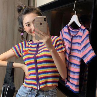 Short-sleeve Striped Ribbed Cardigan