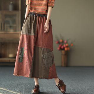 Color Block Denim Midi A-line Skirt