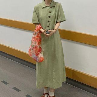 Collared Elbow-sleeve Maxi A-line Dress