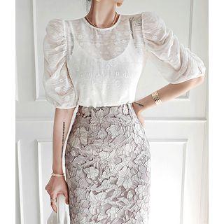 Shirred-sleeve Polka-dot Blouse