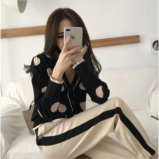 Dotted Cardigan / Striped Cropped Harem Pants / Set