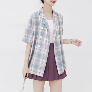 Plaid Short-sleeved Top / Pleated Skirt