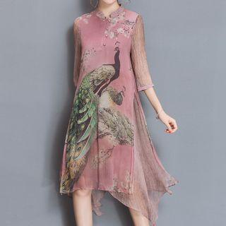 Peacock Print 3/4 Sleeve Mandarin Collar Dress