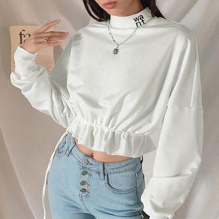 Mock-turtleneck Letter Embroidered Drawstring Pullover