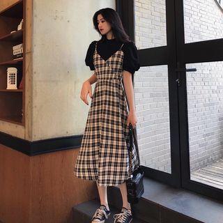 Short-sleeve Top / Spaghetti Strap Plaid Dress