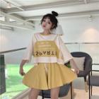 Set: Elbow-sleeve Lettering T-shirt + Drawstring Waist Culottes