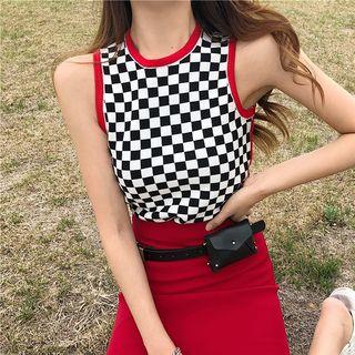 Sleeveless Plaid Knit Top Plaid - Black & White - One Size