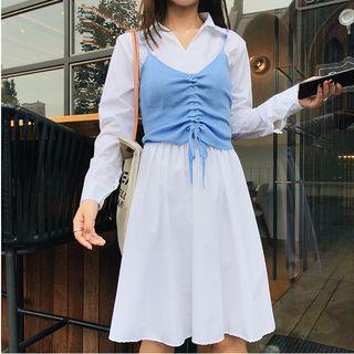 Set: Long-sleeve A-line Dress + Spaghetti Strap Top