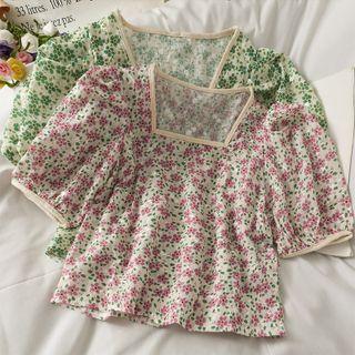 Puff-sleeve Floral Loose Crop Top