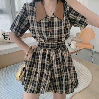 Set: Short-sleeve Plaid Shirt + Wide-leg Shorts Set - Plaid - Black & Almond - One Size