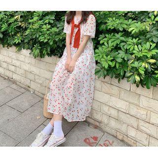 Set: Short-sleeve Floral A-line Midi Dress + Scarf