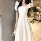 Puff-sleeve Square Neck A-line Midi Dress