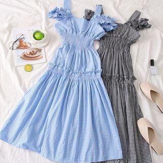 Sleeveless Ruffled Checked A-line Dress