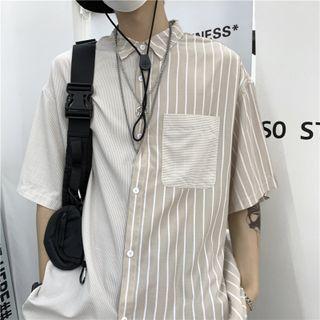 Short-sleeve Striped Panel Pinstriped Shirt