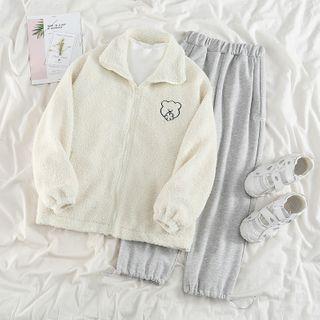 Bear Embroidered Faux Shearling Zip Jacket / Sweatpants