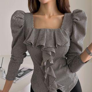 Puff-sleeve Frill-trim Checked Blouse