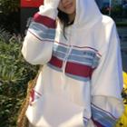 Long-sleeve Striped Lettering Hoodie White - One Size