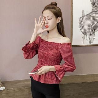 Check Shirred Off-shoulder Blouse