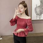 Check Shirred Off-shoulder Blouse