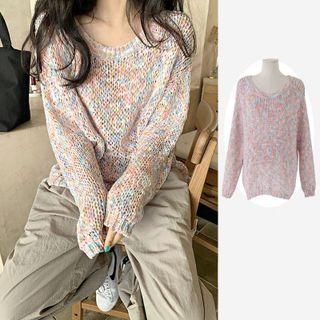 Pointelle Knit Sweater Stripe - Rainbow - Pink & Blue - One Size