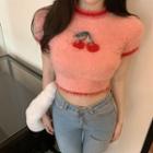 Short-sleeve Cherry Print Fluffy Knit Crop Top Pink - One Size
