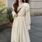 Long-sleeve Lace Collar Midi A-line Dress Beige - One Size