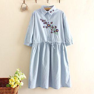 Elbow-sleeve Drawstring Embroidered Dress