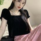 Puff-sleeve Square Neck Velvet Blouse / Midi A-line Skirt