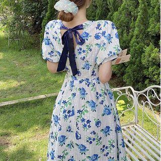 Puff-sleeve Floral Print A-line Mid Dress
