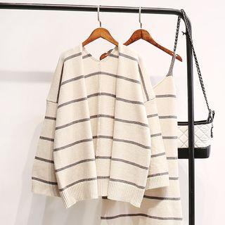 Set: Striped Cardigan + Spaghetti-strap Knit Dress Off-white - One Size