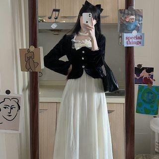 Long-sleeve Mock Two-piece Bow Accent Midi A-line Dress