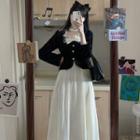 Long-sleeve Mock Two-piece Bow Accent Midi A-line Dress