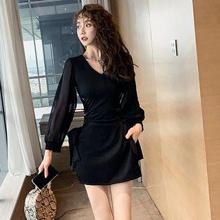 Set: Sheer Panel Long-sleeve A-line Dress + Shorts