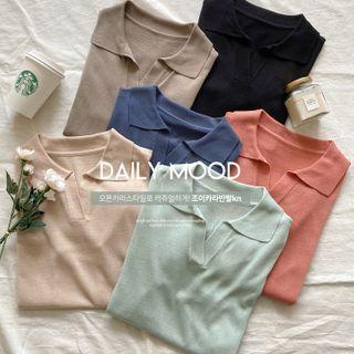 Colored Open-placket Knit Polo Shirt