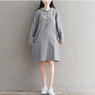 Hooded Corduroy Long-sleeve A-line Dress
