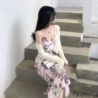 Floral Spaghetti-strap Dress / Plain Cardigan