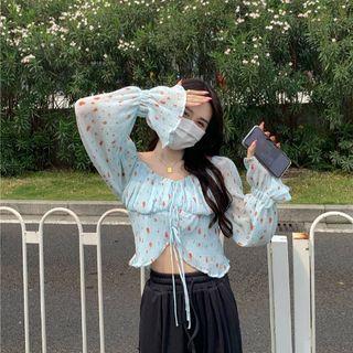Long-sleeve Print Chiffon Blouse Light Blue - One Size