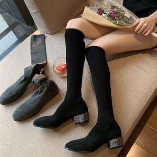 Chunky Heel Tall Knit Boots