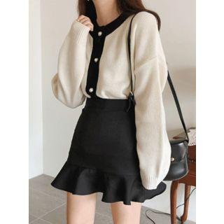 Faux-pearl Button Contrast-trim Knit Cardigan